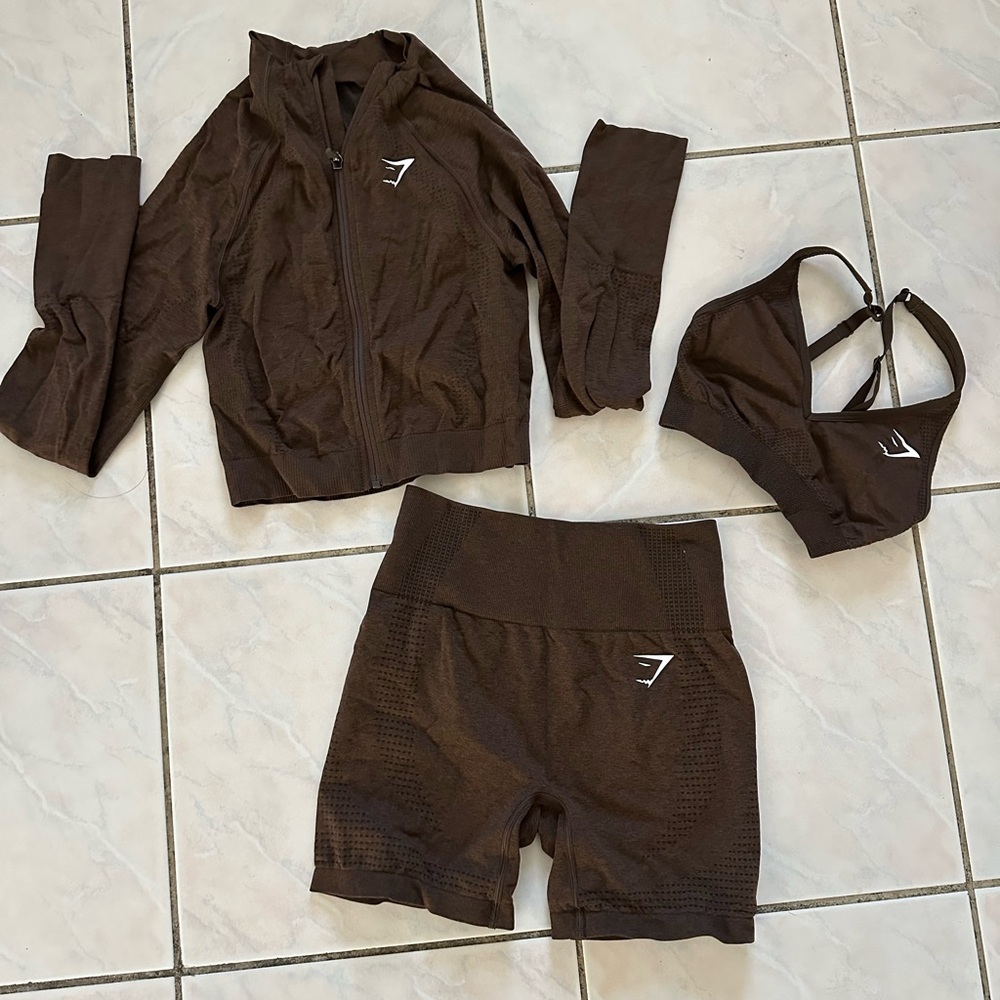 Gymshark Vital Seamless 2.0 Brown Sports Bra Shorts Zip Up Set
